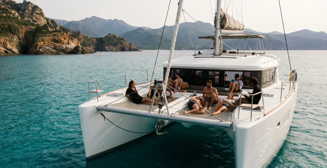 Catamaran blanc naviguant sur les eaux turquoise de Méditerranée avec passagers sur le pont avant