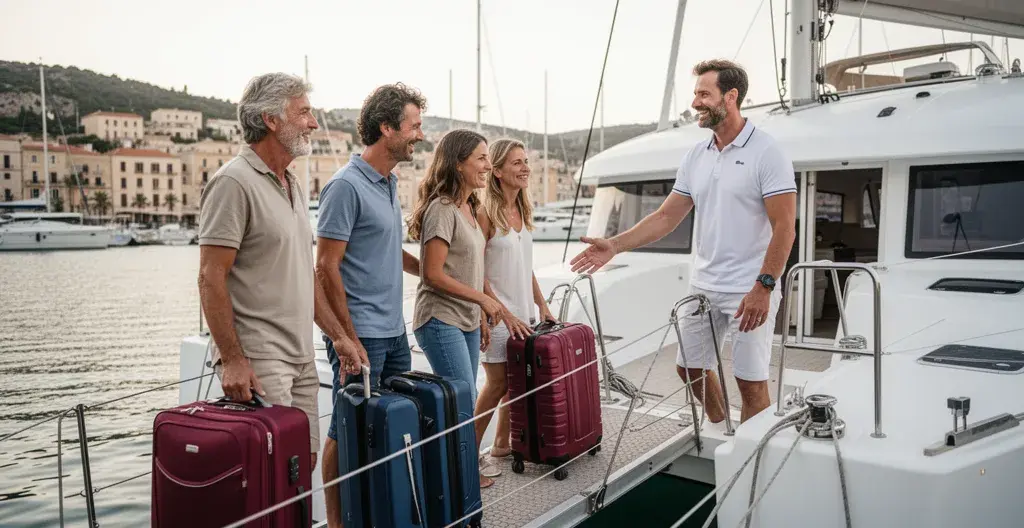 Famille européenne embarquant sur un catamaran blanc au port avec skipper accueillant