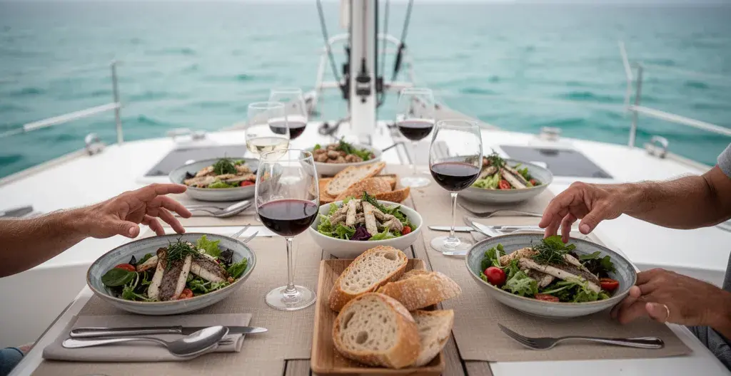 Table dressée pour le déjeuner sur le pont arrière d'un catamaran avec plats méditerranéens