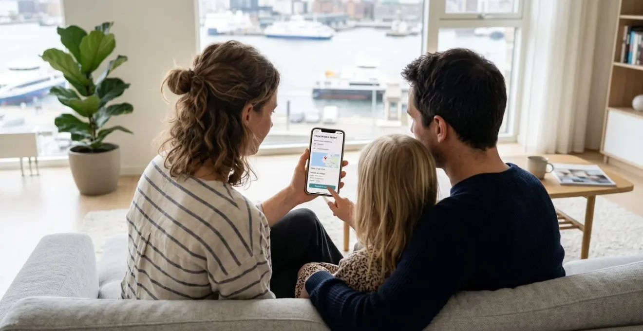 Une famille vue de dos consultant un smartphone dans un salon moderne lumineux pour comparer des options de traversée en ferry