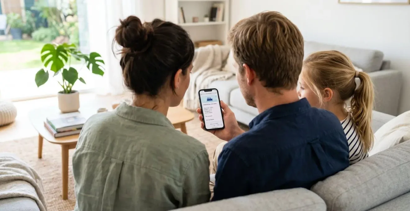Une famille vue de dos consultant un smartphone dans un salon moderne lumineux pour comparer des options de traversée en ferry