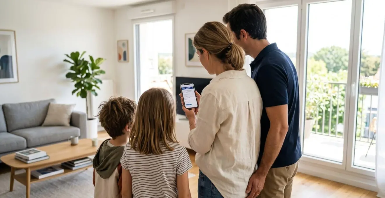 Une famille vue de dos consultant un smartphone dans un salon moderne lumineux pour comparer des options de traversée en ferry