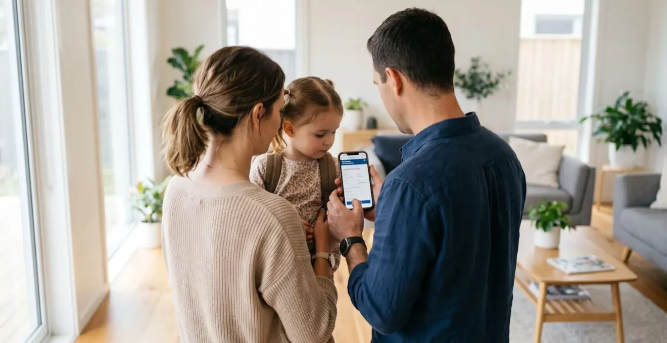 Une famille vue de dos consultant un smartphone dans un salon moderne lumineux pour comparer des options de traversée en ferry