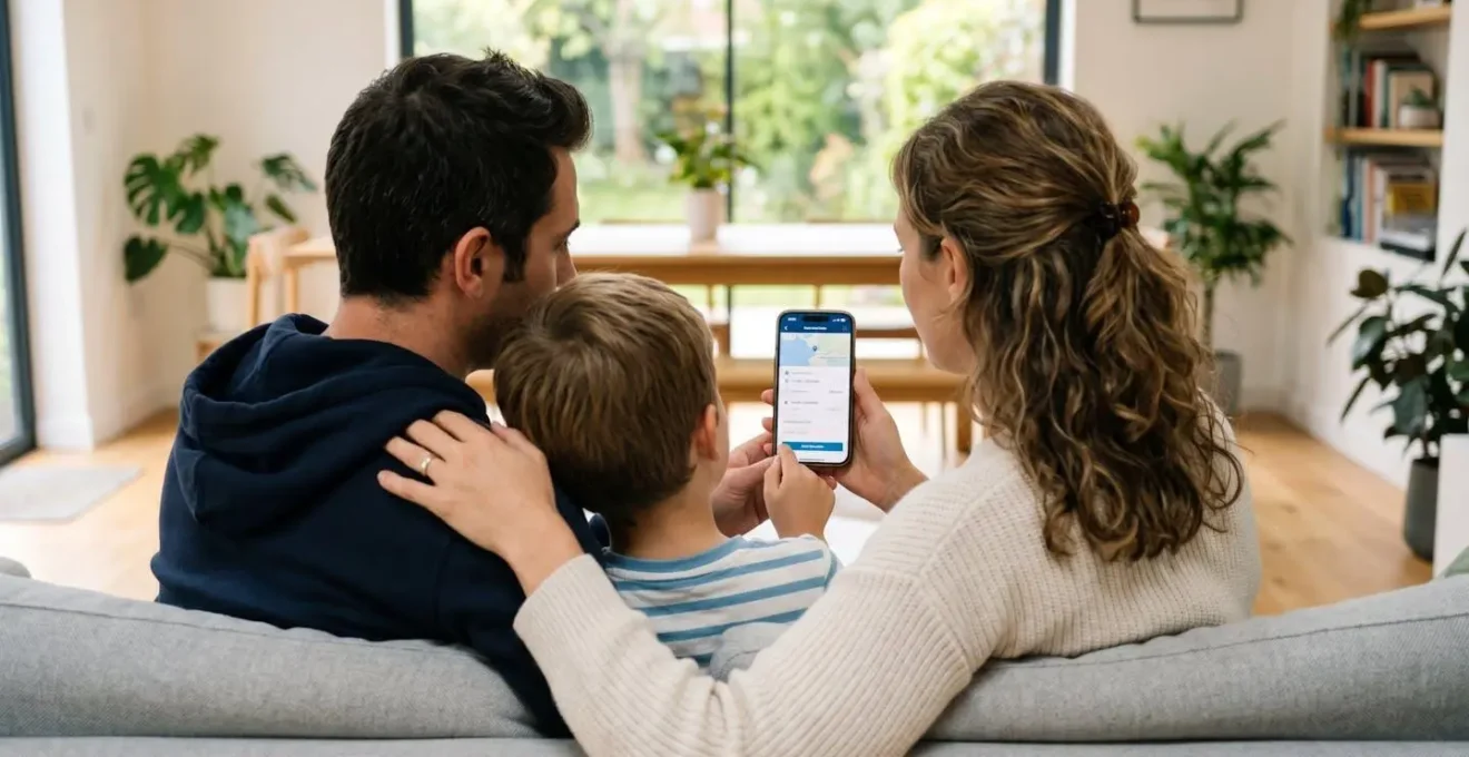 Une famille vue de dos consultant un smartphone dans un salon moderne lumineux pour comparer des options de traversée en ferry
