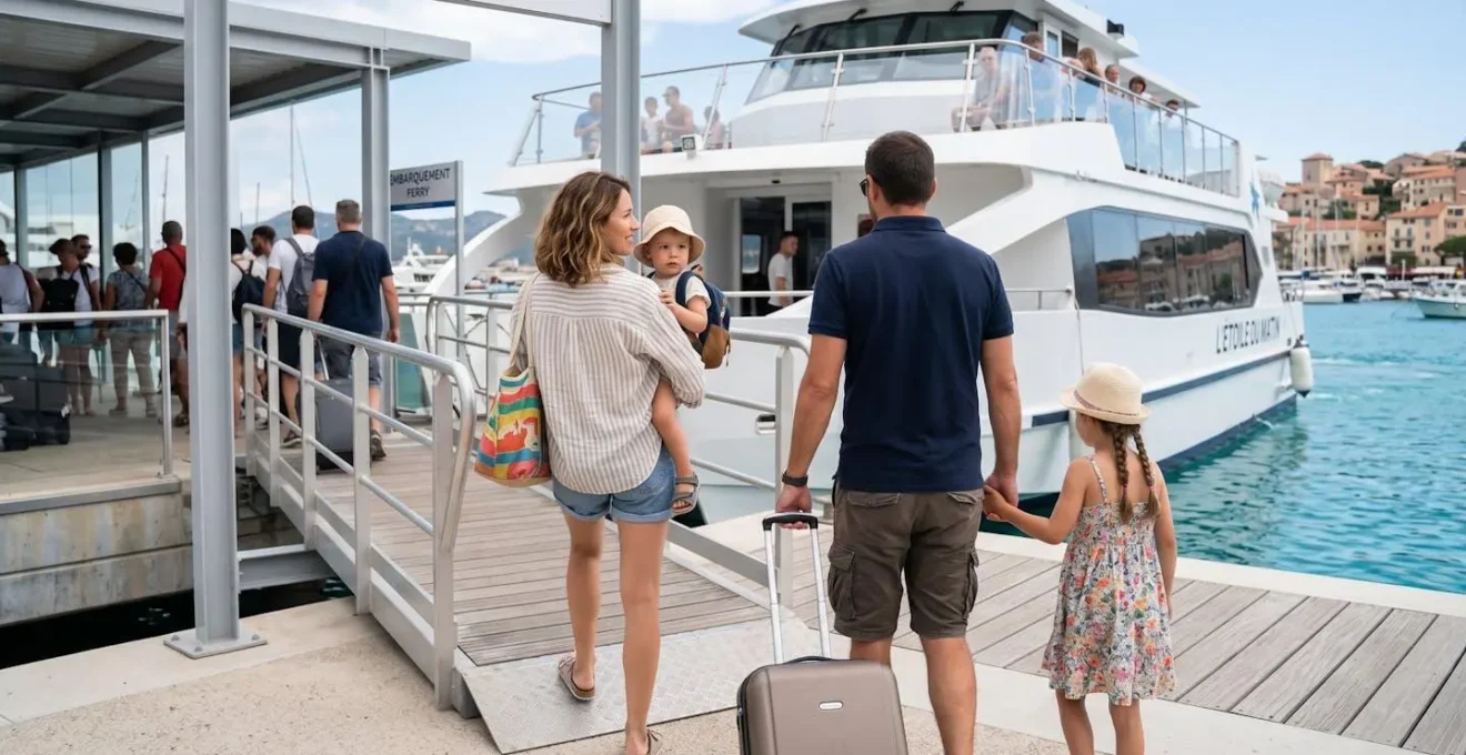 Famille vue de dos se dirigeant vers un ferry avec leur véhicule en arrière-plan dans une ambiance de départ en vacances sous la lumière naturelle