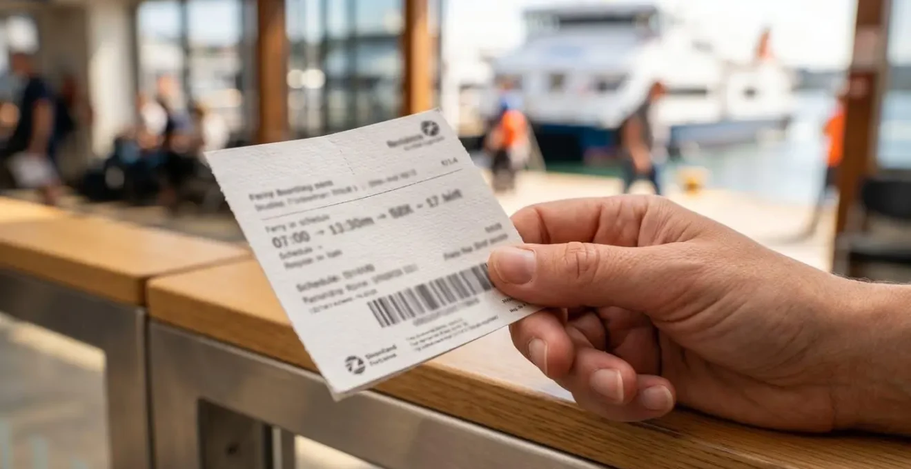 Gros plan macro sur une main tenant un billet de ferry avec texture papier nette et arrière-plan flouté aux tons doux