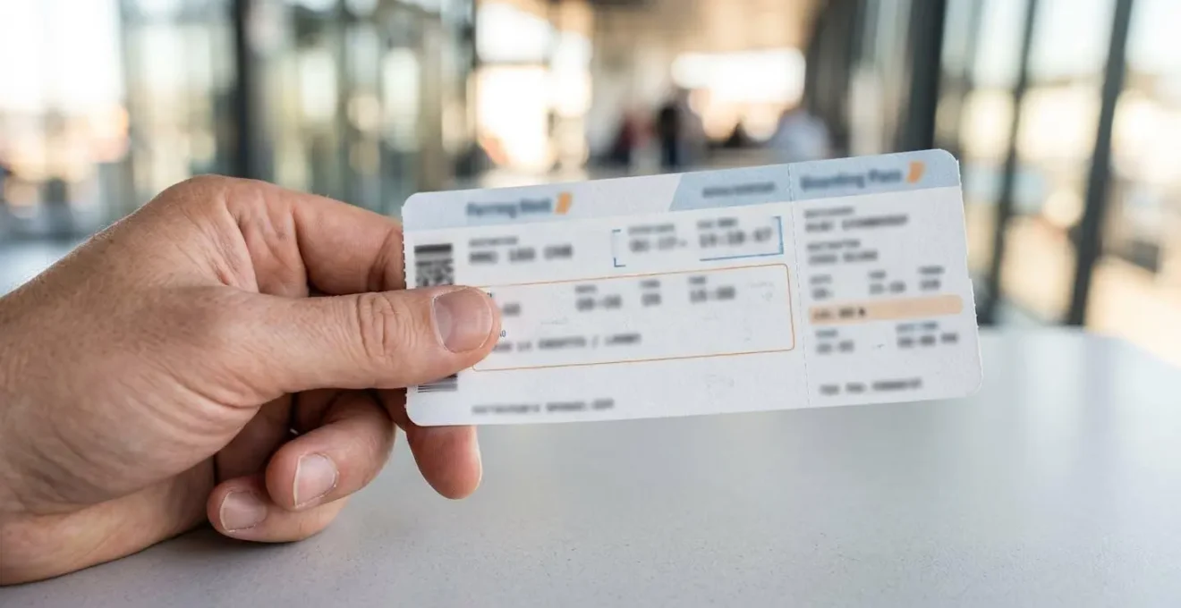 Gros plan macro sur une main tenant un billet de ferry avec texture papier nette et arrière-plan flouté aux tons doux