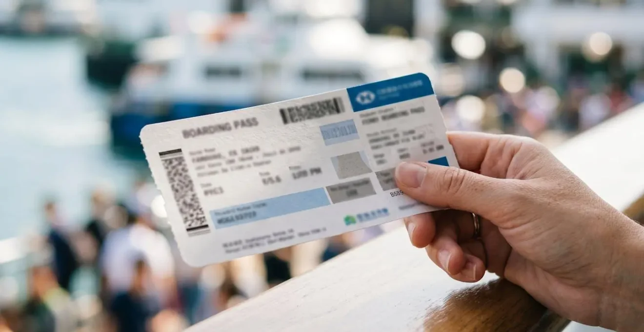 Gros plan macro sur une main tenant un billet de ferry avec texture papier nette et arrière-plan flouté aux tons doux