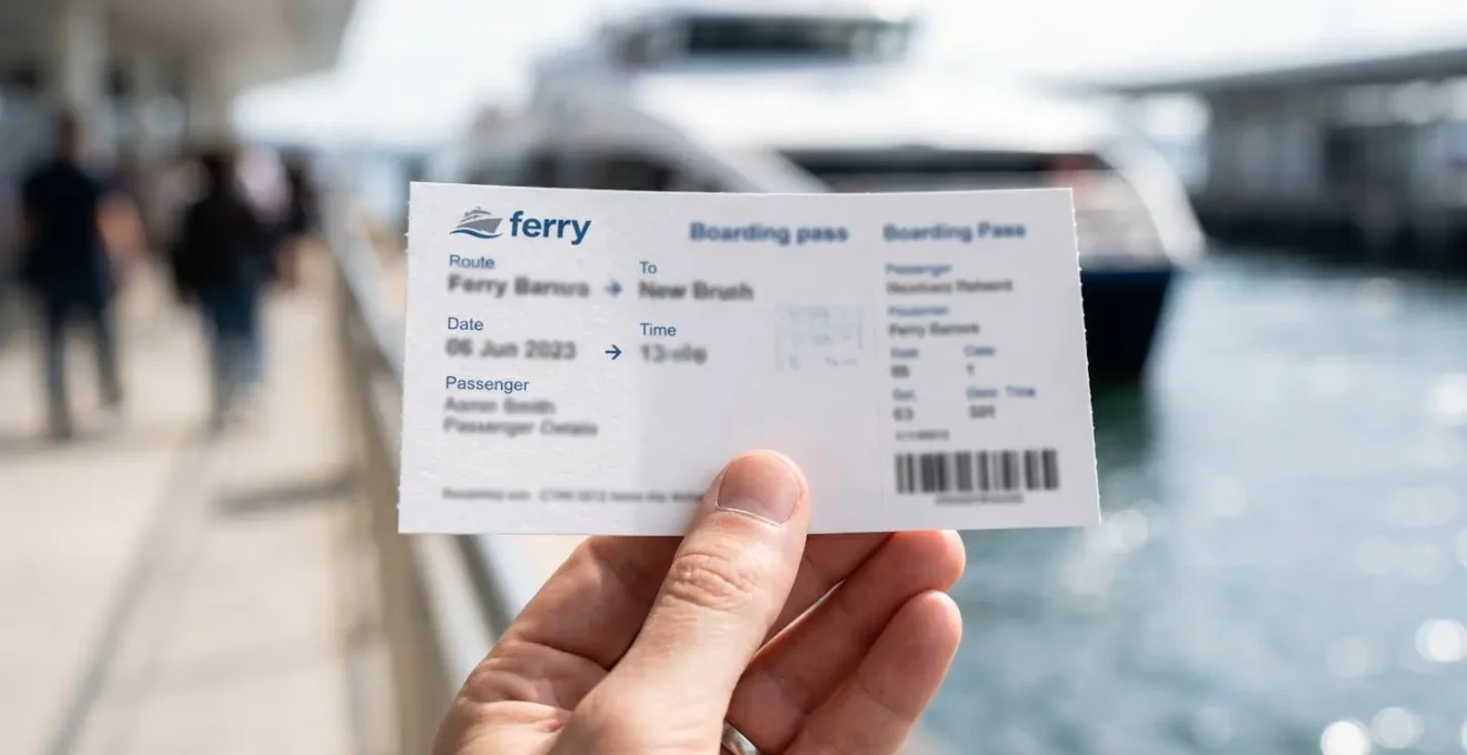 Gros plan macro sur une main tenant un billet de ferry avec texture papier nette et arrière-plan flouté aux tons doux