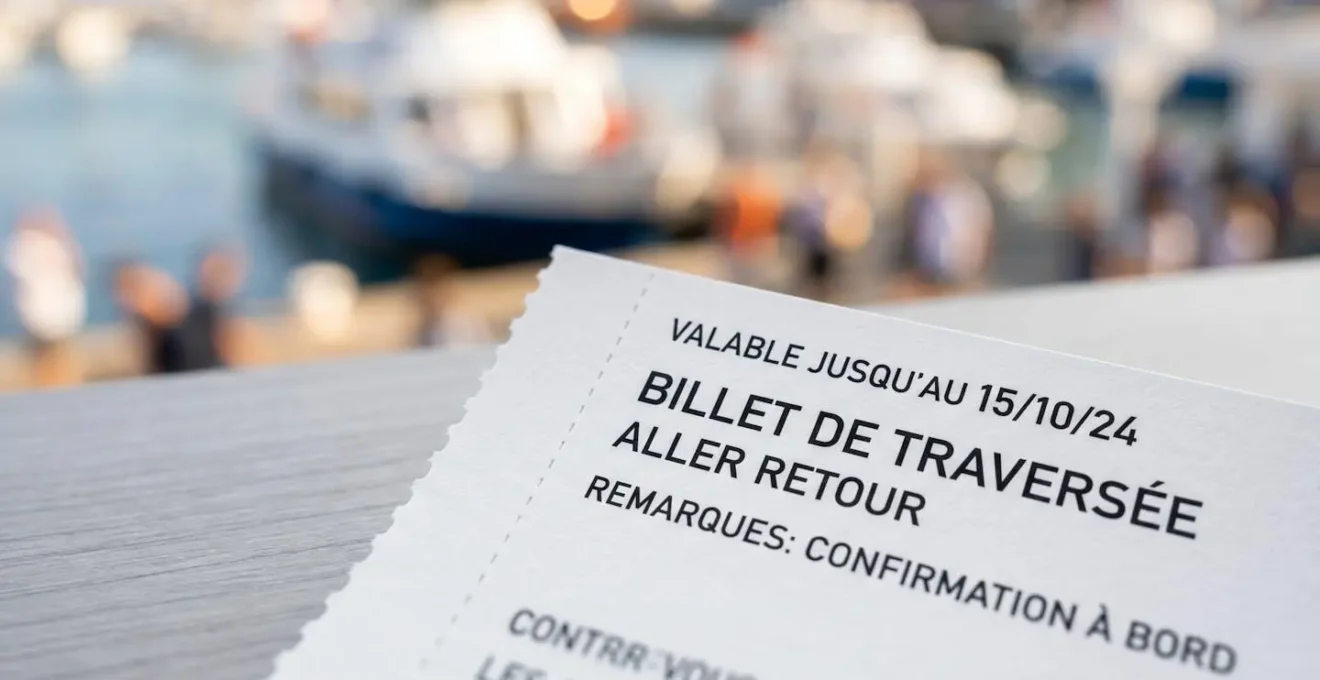 Gros plan sur un billet de ferry avec texte flouté posé sur une carte routière, éclairage naturel latéral créant une ambiance de planification de voyage