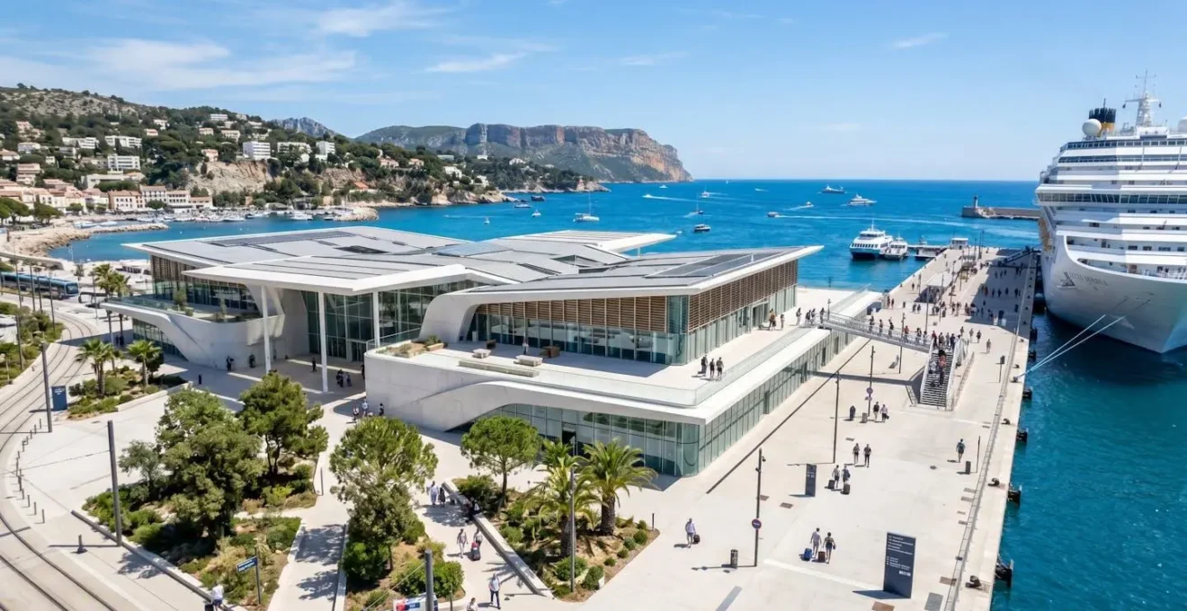 Vue moderne d'un terminal de ferry méditerranéen avec quai d'embarquement sous un ciel bleu éclatant et mer calme en arrière-plan