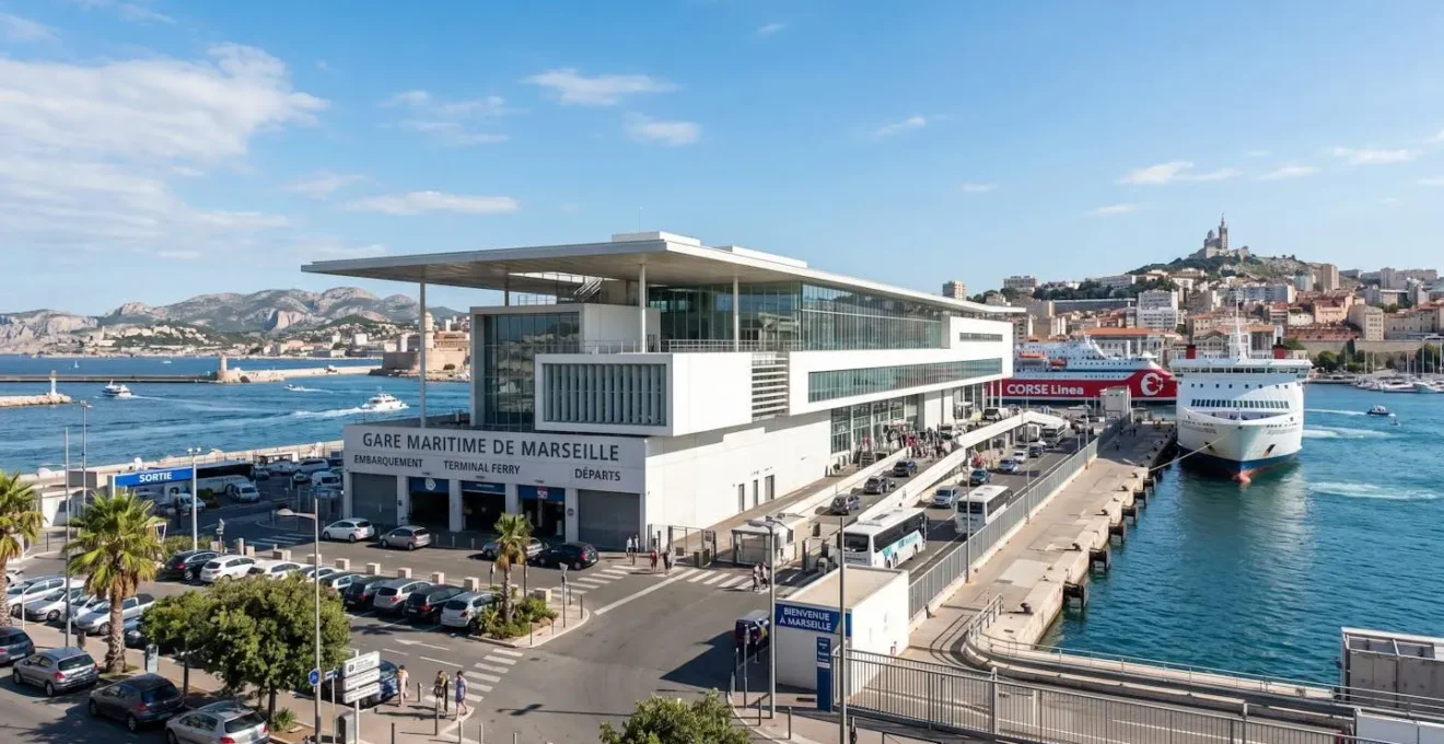 Terminal ferry moderne sous un ciel bleu méditerranéen avec architecture contemporaine portuaire à Marseille