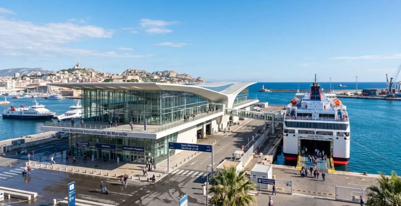 Terminal ferry moderne sous un ciel bleu méditerranéen avec architecture contemporaine portuaire à Marseille
