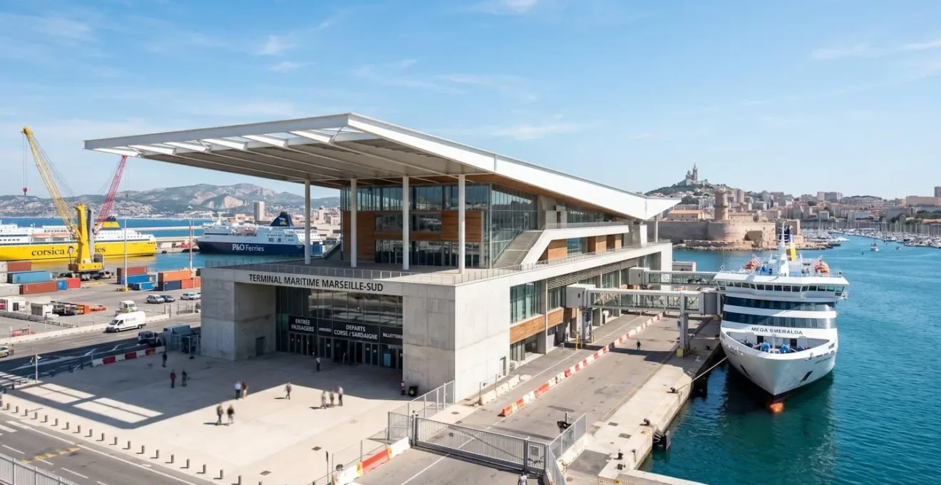 Terminal ferry moderne sous un ciel bleu méditerranéen avec architecture contemporaine portuaire à Marseille