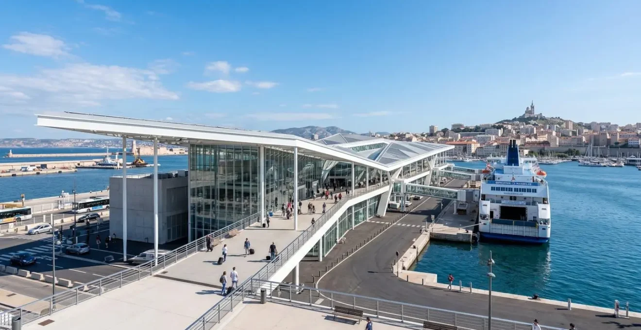 Terminal ferry moderne sous un ciel bleu méditerranéen avec architecture contemporaine portuaire à Marseille