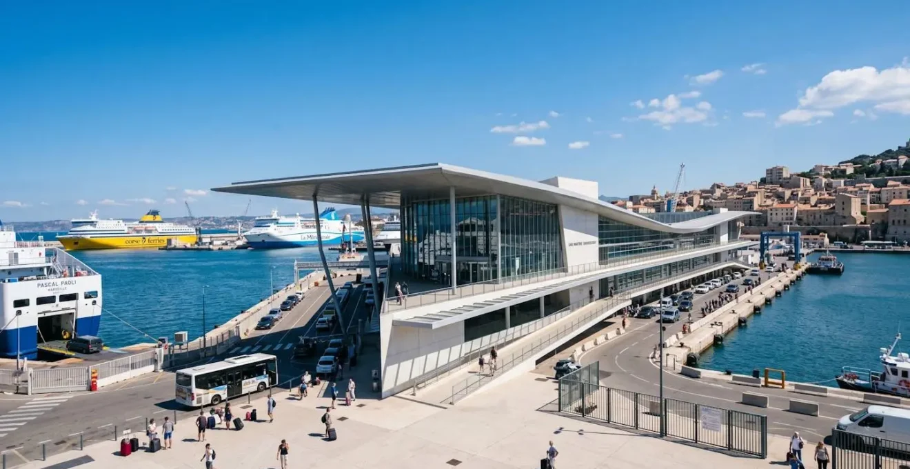 Terminal ferry moderne sous un ciel bleu méditerranéen avec architecture contemporaine portuaire à Marseille